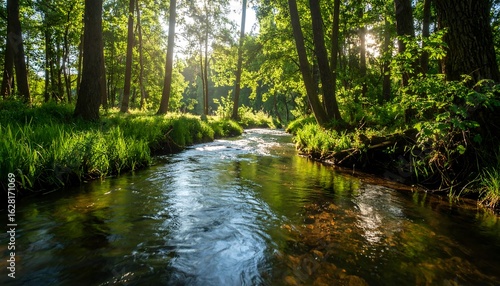 Sunlight filters through the trees onto a babbling brook creating a vibrant natural scene