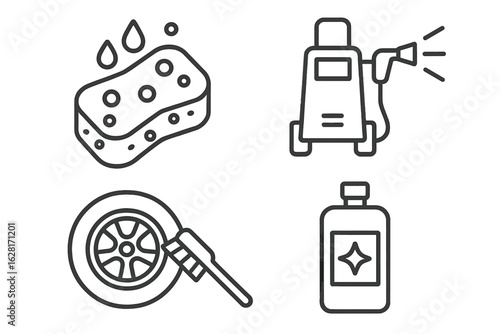Car wash equipment outline icons set — soapy sponge, high-pressure washer spray gun, tire wheel brush, liquid wax polish bottle — automotive cleaning service vector illustration isolated