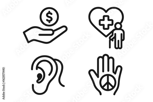 Wallpaper Mural Charity and Donation Line Icons Set – Hand Giving Coin, Elderly Health Care Heart Symbol, Hearing Disability Ear, Anti-Violence Peace Hand – Compassion, Community Support, Social Welfare Aid Vector Torontodigital.ca