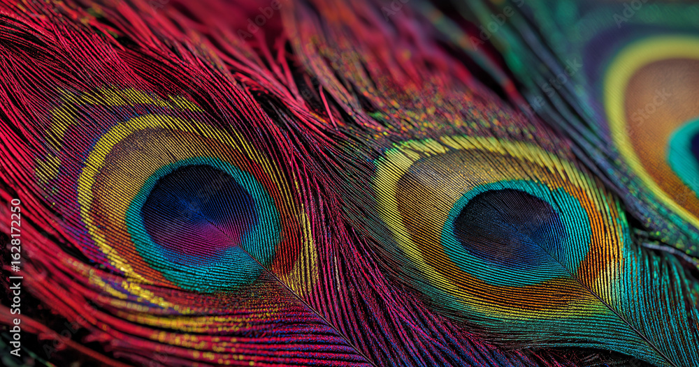 Fototapeta premium A close-up of colorful peacock feathers, each with its own unique pattern and color, set against a dark background