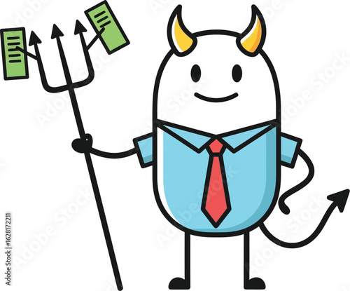 Cartoon devil businessman holding money pitchfork vector illustration