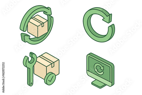 Circular economy isometric icon set — product lifecycle loop, reuse and refurbishment, refresh reload arrow, repair service box wrench check mark, green sustainable logistics vector illustration