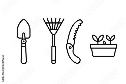 Urban gardening tools outline icon set – compact folding trowel, telescoping hand rake, folding pruning saw and balcony planter with seedlings – city balcony garden equipment vector illustration