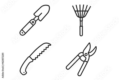 Urban gardening tool outline icon set for city patios – folding hand trowel, compact telescopic rake, saw-edge pruning knife, bypass pruning shears – minimalist black stroke vector illustration
