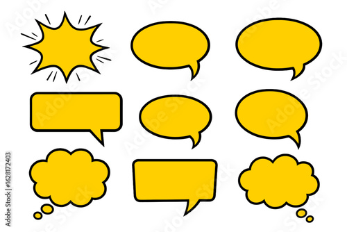 Yellow vector comic speech bubbles, pop art explosion star, blank thought cloud set, editable cartoon chat balloons, retro graphic design elements for dialogue, meme text box, sticker template