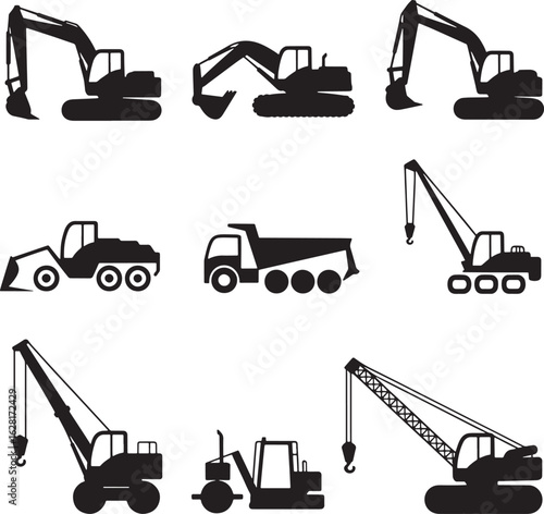 Construction Machinery Silhouette Icons Set Excavators Cranes Trucks Loaders Isolated Transparent