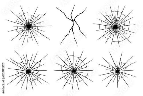 Shattered glass vector set – realistic broken pane impacts, spiderweb cracks, radial smash burst, bullet hole fracture, jagged fissures, damaged window textures for graphic design and digital art