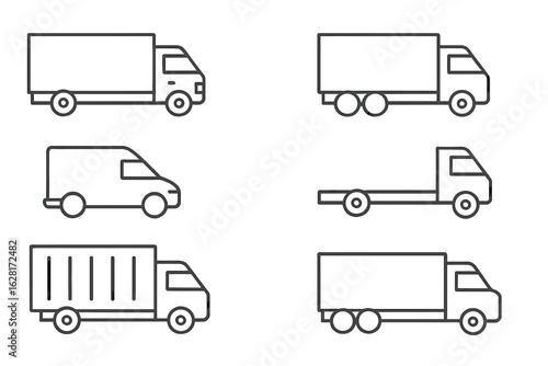 Delivery truck and van line art set — cargo lorry, box trailer, flatbed chassis, panel van, minimalist outline icons for transport, freight logistics, courier shipping services, fleet planning