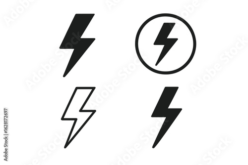 Lightning bolt electricity icon set in solid outline styles, high voltage flash power symbol collection, energy warning sign, electric charge pictogram elements for UI app button logo graphic design