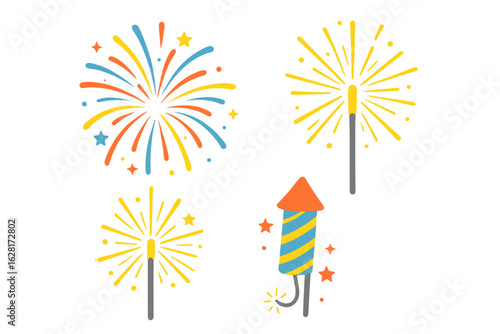Vibrant fireworks burst, festive sparklers glitter, colorful striped rocket firework sparks, celebratory explosion icons, party holiday decor, New Year’s Eve, Independence Day celebration vector set