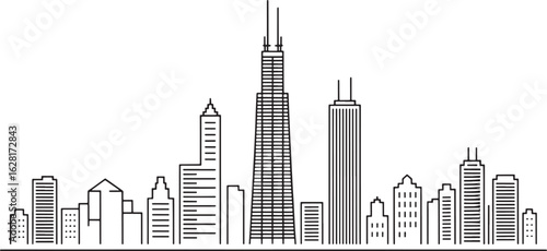 Chicago Cityscape Line Art Silhouette Skyline Outline of Buildings and Skyscrapers in Illinois