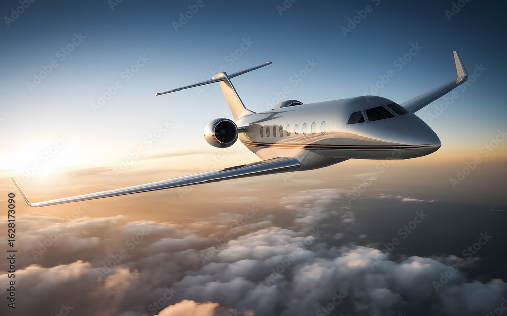 Fototapeta premium Luxurious Private Jet Soaring Above Clouds at Sunrise. AI Generated 