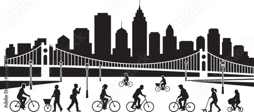 Cityscape Silhouette Vector with Cyclists and Pedestrians on Bridge and City Buildings