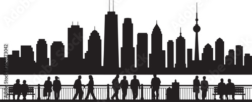 Cityscape Silhouette Vector with People on Promenade and Modern Buildings Backdrop
