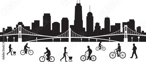 Cityscape Silhouette with Bridges and Active People Biking and Walking on a Transparent Background