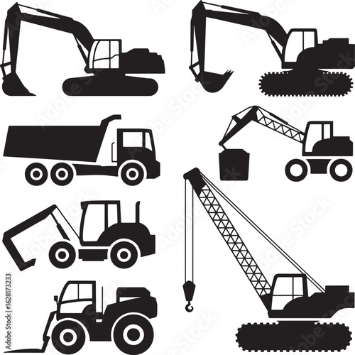 Wallpaper Mural Construction Equipment Silhouette Icons Set Excavator Truck Crane Bulldozer Isolated Transparent Style Torontodigital.ca