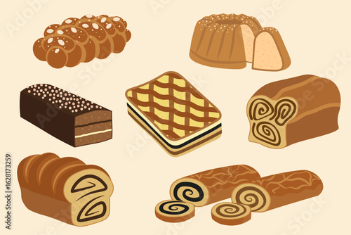 Eastern european festive cake collection. Vector illustrations of typical and traditional Christmas and Easter cakes and breads for Hungary, Poland, Romania, Slovakia, Czech republic...etc.