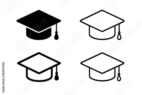 Graduation mortarboard icons set in four line and solid styles, black academic cap vector for university degree ceremony, education achievement symbol, school and college success illustration on white