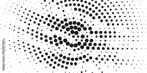 Radial halftone spotted gradient background. Dotted stains concentric texture with fading effect. Black and white circle shade wallpaper. Grunge rough vector. Monochrome geometric backdrop.