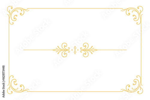 Ornate gold flourish frame border set for luxury wedding invitation, certificate, greeting card, upscale menu, elegant decorative divider, vintage baroque ornament scroll design on white background