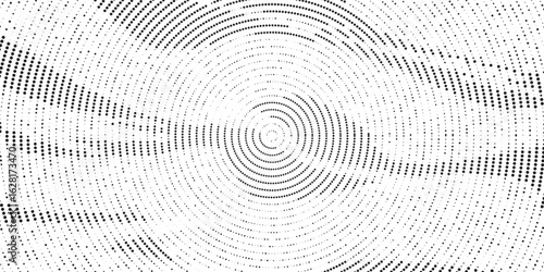Radial halftone spotted gradient background. Dotted stains concentric texture with fading effect. Black and white circle shade wallpaper. Grunge rough vector. Monochrome geometric backdrop.