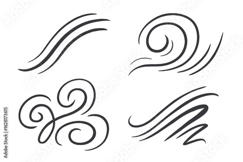 Dynamic wind swirl icons set – flowing curved lines, abstract air gust motion, elegant hand-drawn breeze strokes, stylized weather gusts, minimalist black decorative movement symbols for design