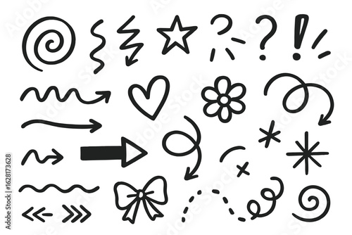Hand-drawn doodle design elements collection—arrows, swirls, squiggles, stars, hearts, question marks, exclamation points, flower, bow, accents, decorative sketch symbols for notes & social media