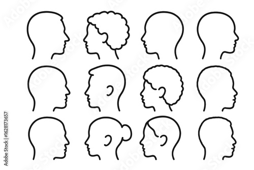 Diverse human head silhouettes in minimalist line art profile view – psychology concept, identity study, character diversity, male and female, afro texture, bald, bun hairstyle, side view illustration