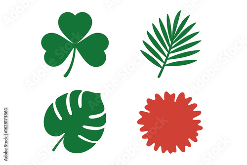Botanical foliage silhouette set – four stylized plant icons with shamrock clover, tropical monstera leaf, exotic palm frond, and red round bush top view – eco nature emblem clip-art collection