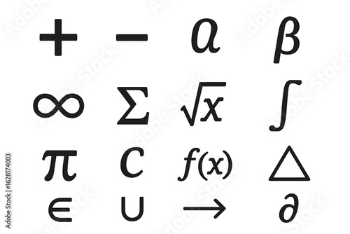Bold black math symbols vector collection of 16 icons - plus minus infinity pi sigma integral square root alpha beta delta partial derivative union subset arrow function calculus set theory
