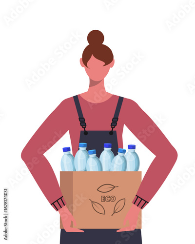 A young woman holding a recycling bin filled with plastic bottles. Recycling plastic to reduce pollution and protect nature. Female character isolated on white background. Vector Not AI generated
