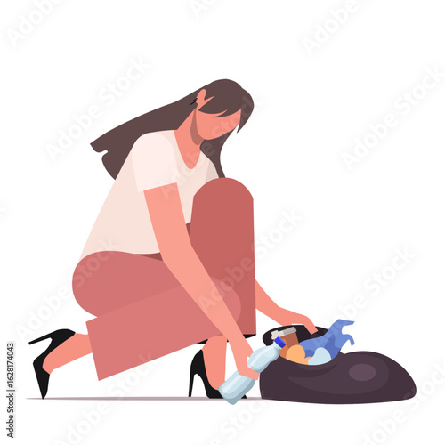 Yong woman collecting plastic and garbage into trash bag. Environment protection. Vector Not AI generated