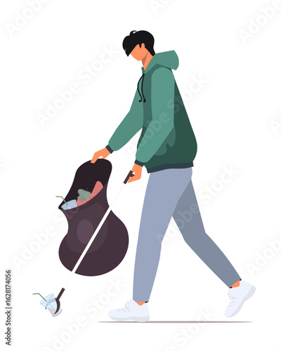 Male volunteer using a trash picker to collect plastic bottles and paper waste for eco-friendly recycling. Vector Not AI generated