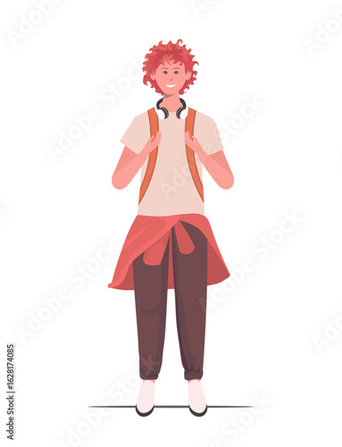 School kid with curly red hair. School boy, teenage studen with headphones and backpack. Vector Not AI generate
