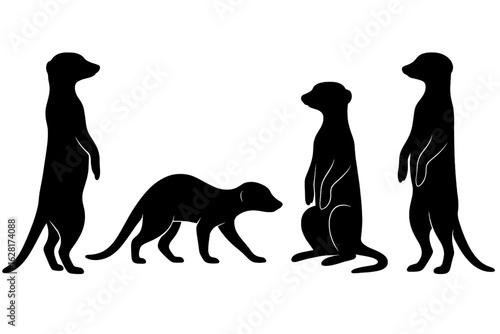 Meerkat silhouette collection – four wild meerkat poses standing upright, sitting, walking, vigilant sentry mammals, African desert wildlife vector illustration for nature, safari and zoo design