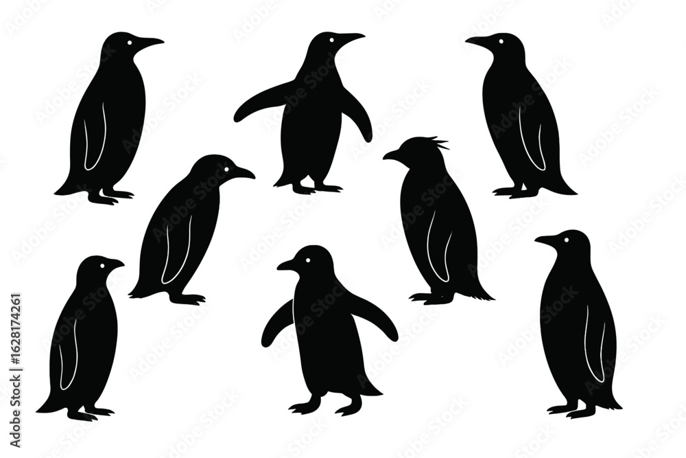 Fototapeta premium Penguin silhouettes collection in diverse standing, walking, swimming poses – emperor, king, Adelie, chinstrap, gentoo Antarctic seabirds icon set for wildlife, nature, winter animal design