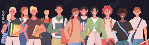 Kids group portrait on dark blue background. Multiethnic boys and girls team, banner. Diverse elementary school children. Vector Not AI generated