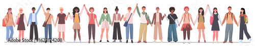  Happy school children stand together and hold hands. International group of little boys and girls. Teamwork, unity and friendship. Vector Not AI generated
