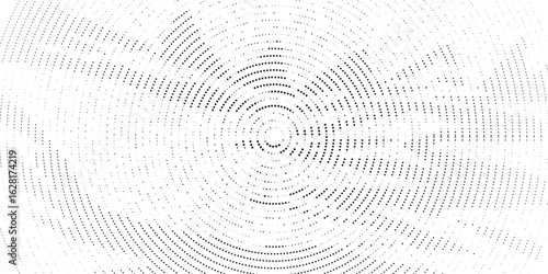 Radial halftone spotted gradient background. Dotted stains concentric texture with fading effect. Black and white circle shade wallpaper. Grunge rough vector. Monochrome geometric backdrop.