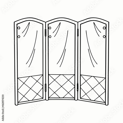 Folding screen with decorative fabric panels for interior design and home decor with copy space; stylish divider