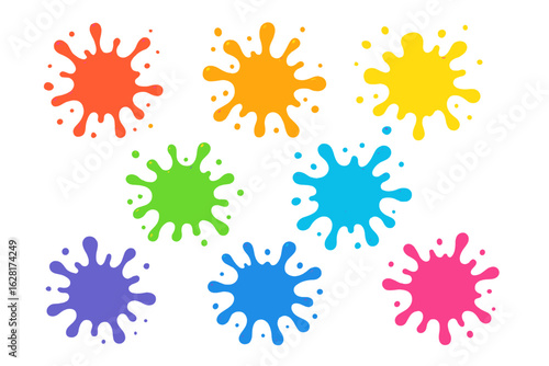 Vibrant multicolor paint splatter set on clean white background – dynamic dripping ink blots, abstract splash stains, creative DIY art elements for posters, prints, stickers, crafts, digital design