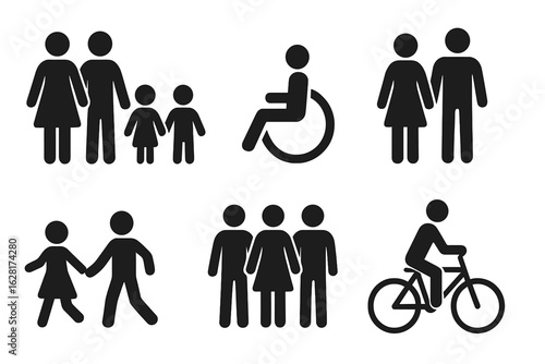 Inclusive family and community pictogram set featuring parents kids wheelchair user cyclist couples diverse people stick figure icons lifestyle activity symbols for universal design and public signage