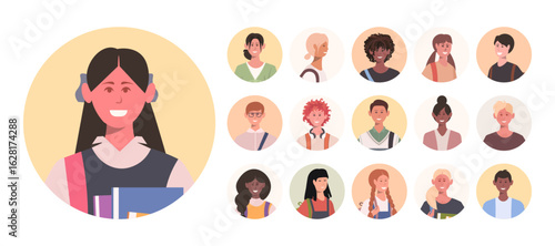 Collection of round avatar icons of elementary school children. Illustration ideal for social media, user profiles and educational platforms. Vector Not AI generated