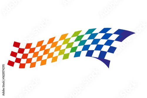 Dynamic multicolor curved racing checkered flag stripe, rainbow gradient squares automotive decal, speed motion concept, motorsport finish banner, car wrap graphic element isolated on white