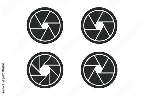 Camera shutter aperture icons set, four black round diaphragm symbols, photography lens iris blades, adjustable f-stop concept, modern minimal vector illustration on transparent background