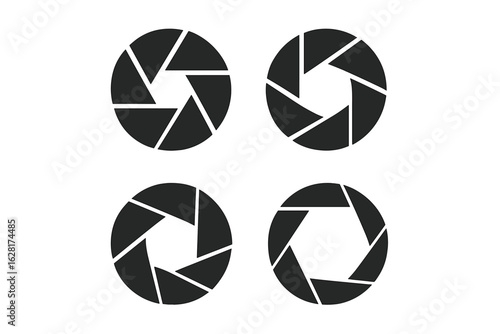 Camera shutter aperture icons set of 4, rotating blades, black round photography lens iris symbols, minimalist modern camera logo elements, isolated vector illustration on transparent background