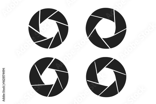 Camera shutter aperture icon set, 4 black vector circle symbols, photography lens blades design, adjustable diaphragm concept, isolated on transparent background for photo studio logo or app UI