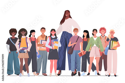 Young female teacher surrounded by smiling children standing together. Kids and schoolteacher isolated on a white background. Back to school concept. Vector Not AI generated
