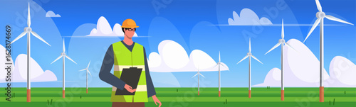  Engineer standing near a wind turbine farm, promoting sustainability, ecological awareness, and innovative green energy solutions through renewable technology and power generation.  