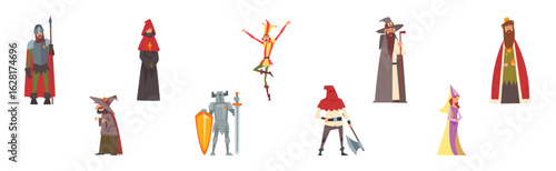 Medieval People Character in Standing Pose Vector Illustration Set